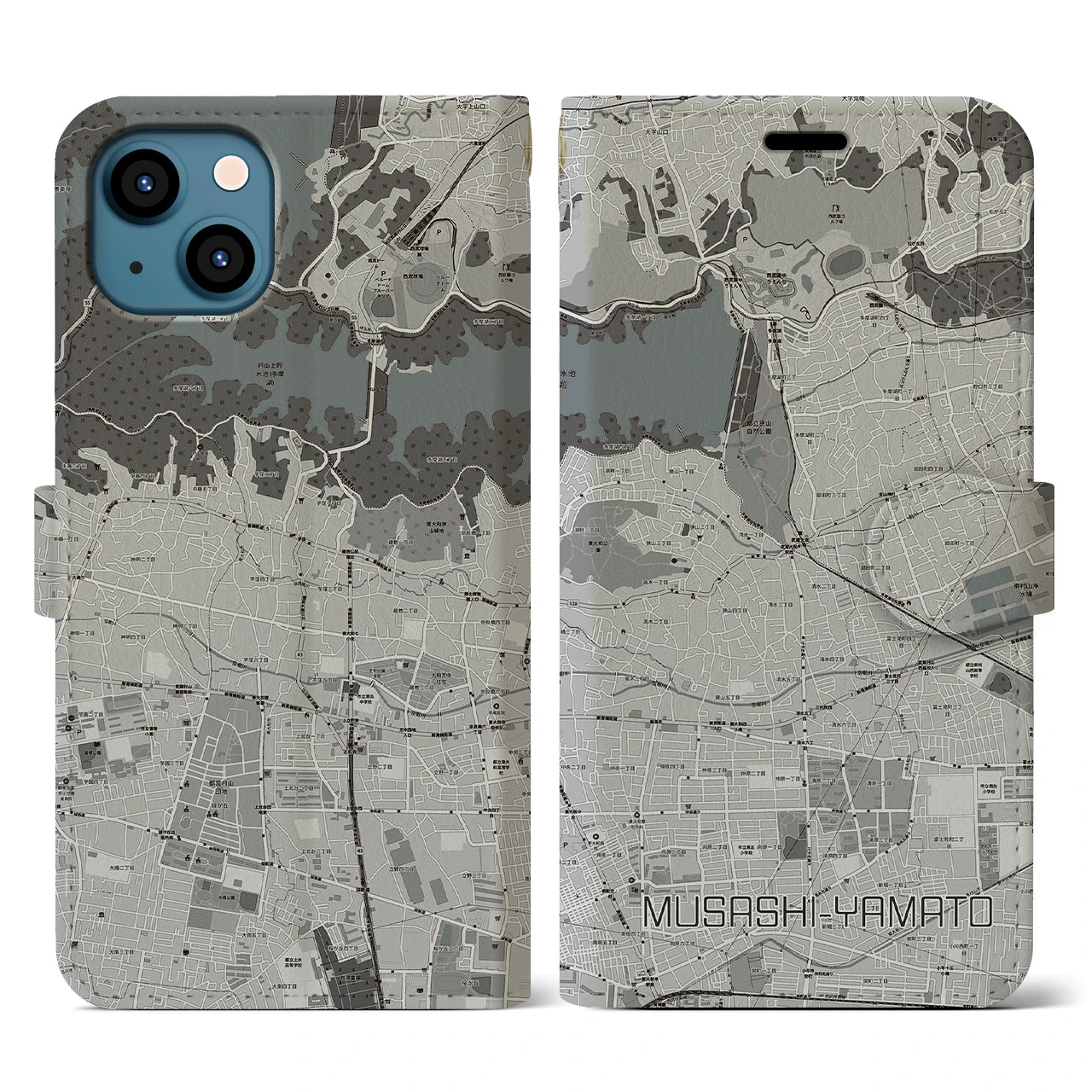 【武蔵大和(東京都)】地図柄iPhoneケース(手帳タイプ)モノトーン・iPhone 13 用