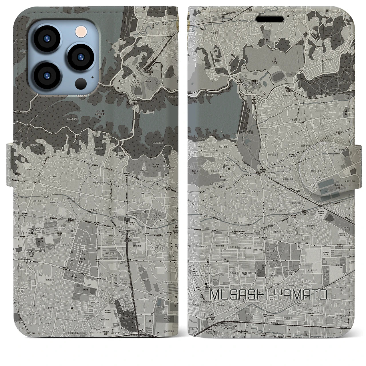 【武蔵大和(東京都)】地図柄iPhoneケース(手帳タイプ)モノトーン・iPhone 13 Pro Max 用