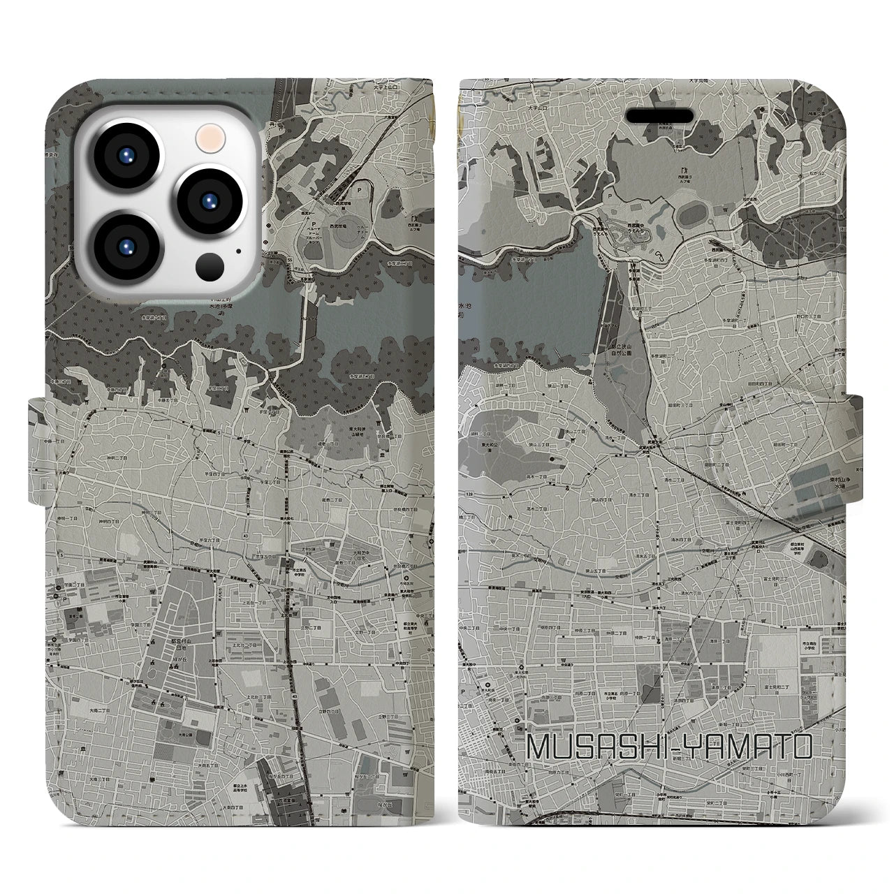 【武蔵大和(東京都)】地図柄iPhoneケース(手帳タイプ)モノトーン・iPhone 13 Pro 用