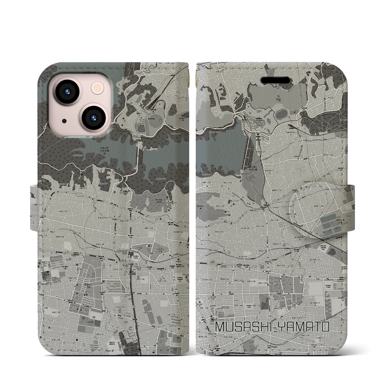 【武蔵大和(東京都)】地図柄iPhoneケース(手帳タイプ)モノトーン・iPhone 13 mini 用