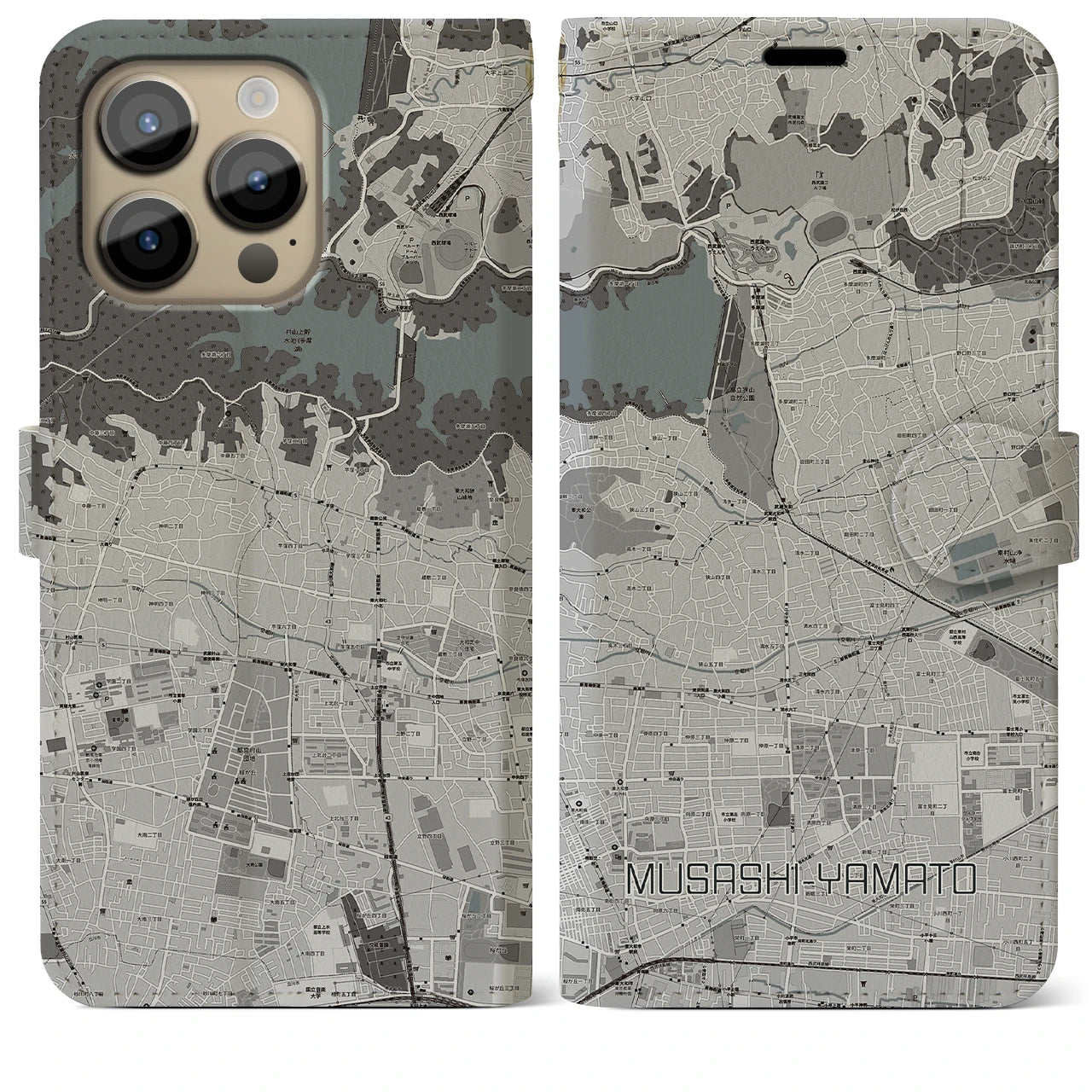 【武蔵大和(東京都)】地図柄iPhoneケース(手帳タイプ)モノトーン・iPhone 14 Pro Max 用