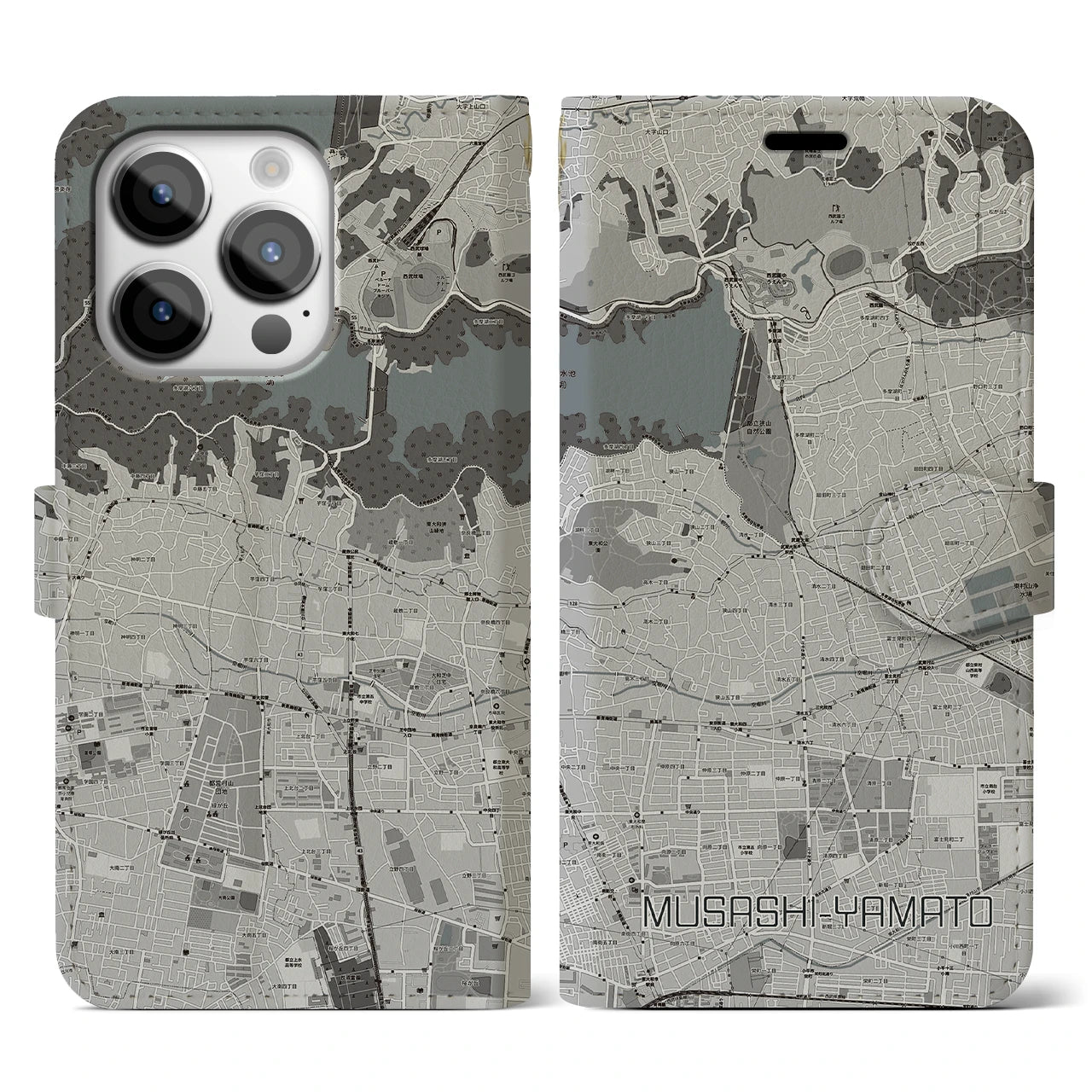 【武蔵大和(東京都)】地図柄iPhoneケース(手帳タイプ)モノトーン・iPhone 14 Pro 用