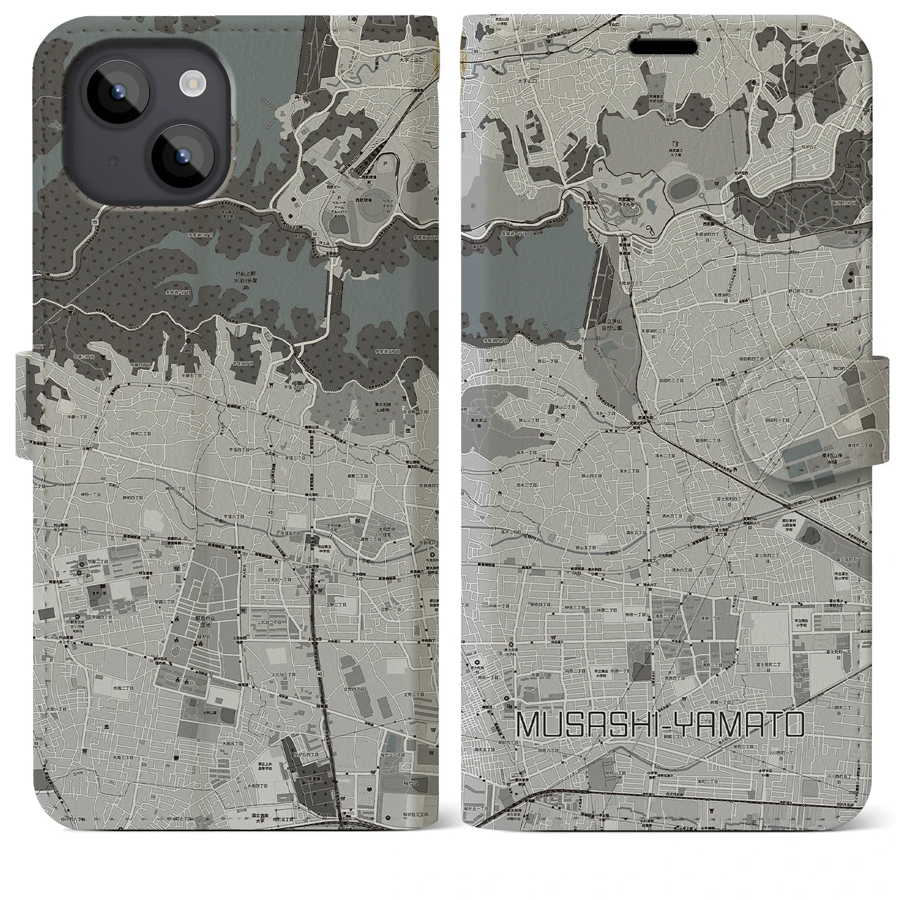【武蔵大和(東京都)】地図柄iPhoneケース(手帳タイプ)モノトーン・iPhone 14 Plus 用