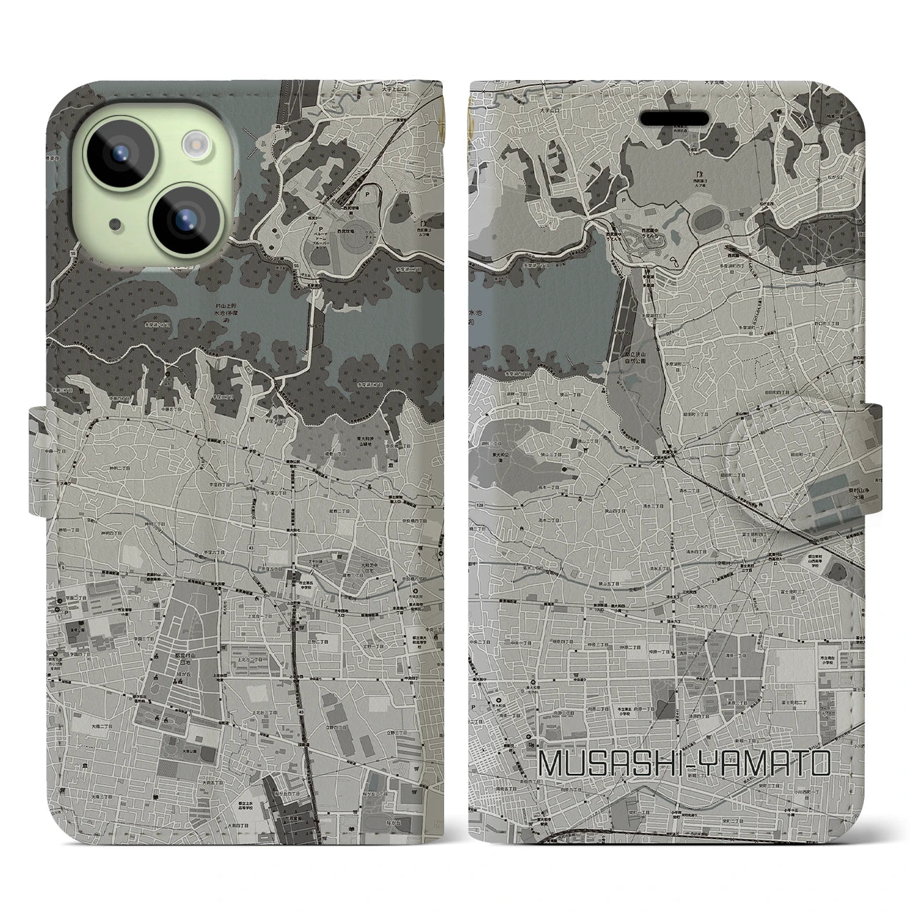 【武蔵大和(東京都)】地図柄iPhoneケース(手帳タイプ)モノトーン・iPhone 15 用