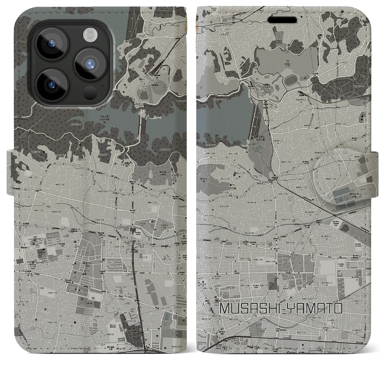 【武蔵大和(東京都)】地図柄iPhoneケース(手帳タイプ)モノトーン・iPhone 15 Pro Max 用