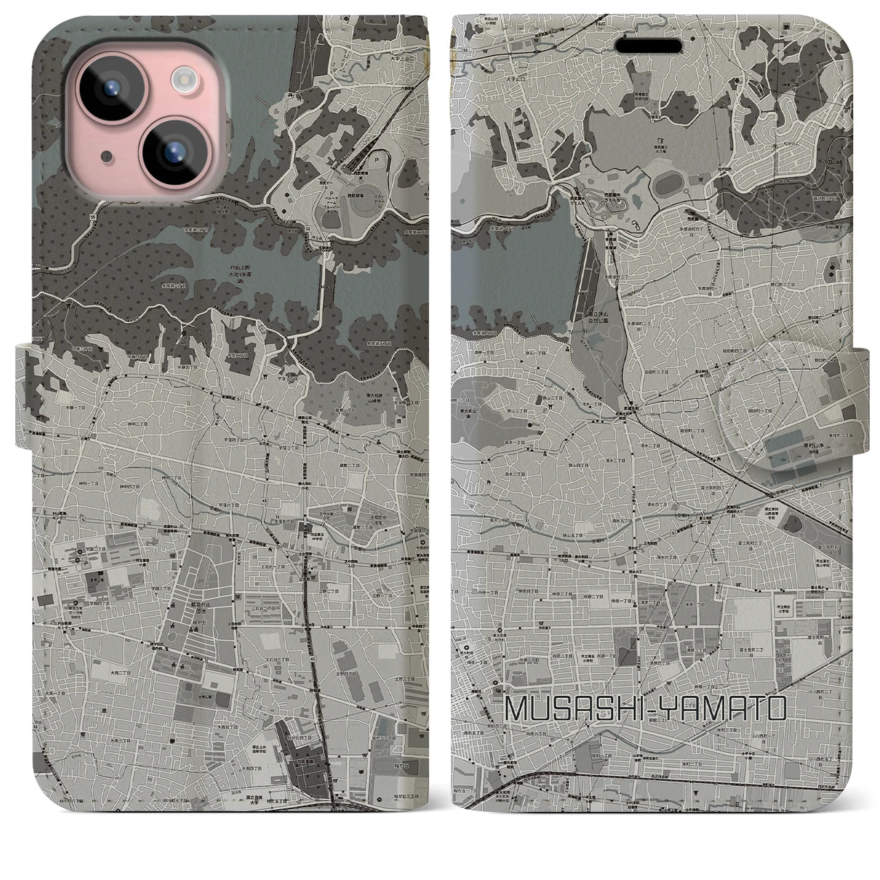 【武蔵大和(東京都)】地図柄iPhoneケース(手帳タイプ)モノトーン・iPhone 15 Plus 用
