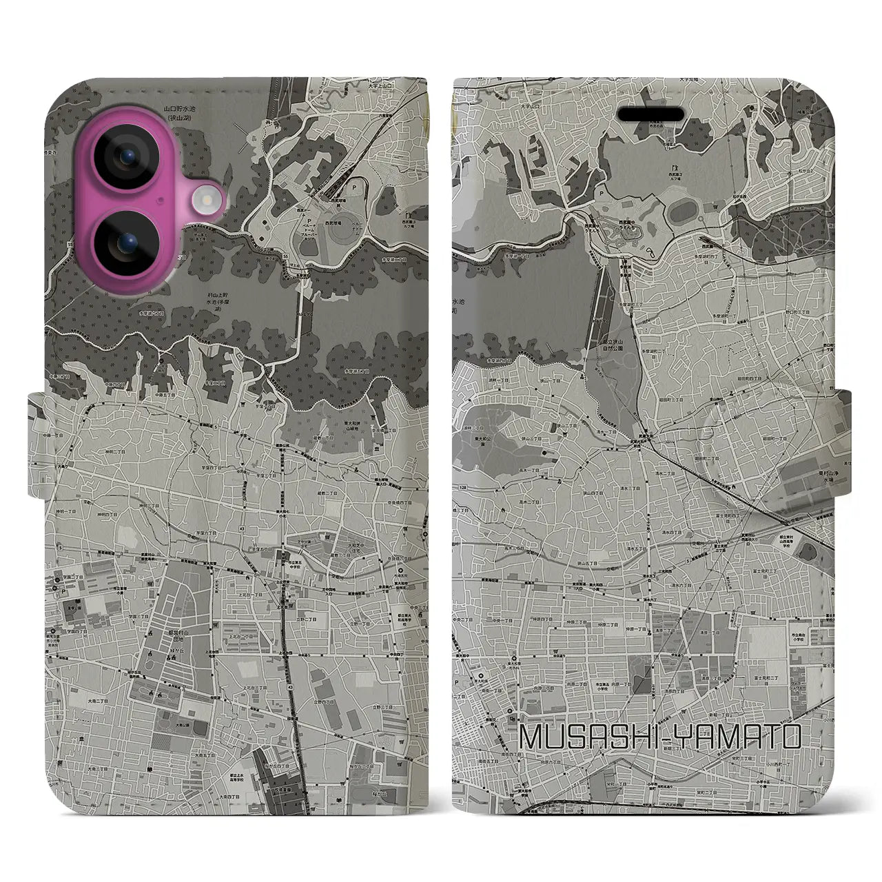 【武蔵大和(東京都)】地図柄iPhoneケース(手帳タイプ)モノトーン・iPhone 16 Pro 用