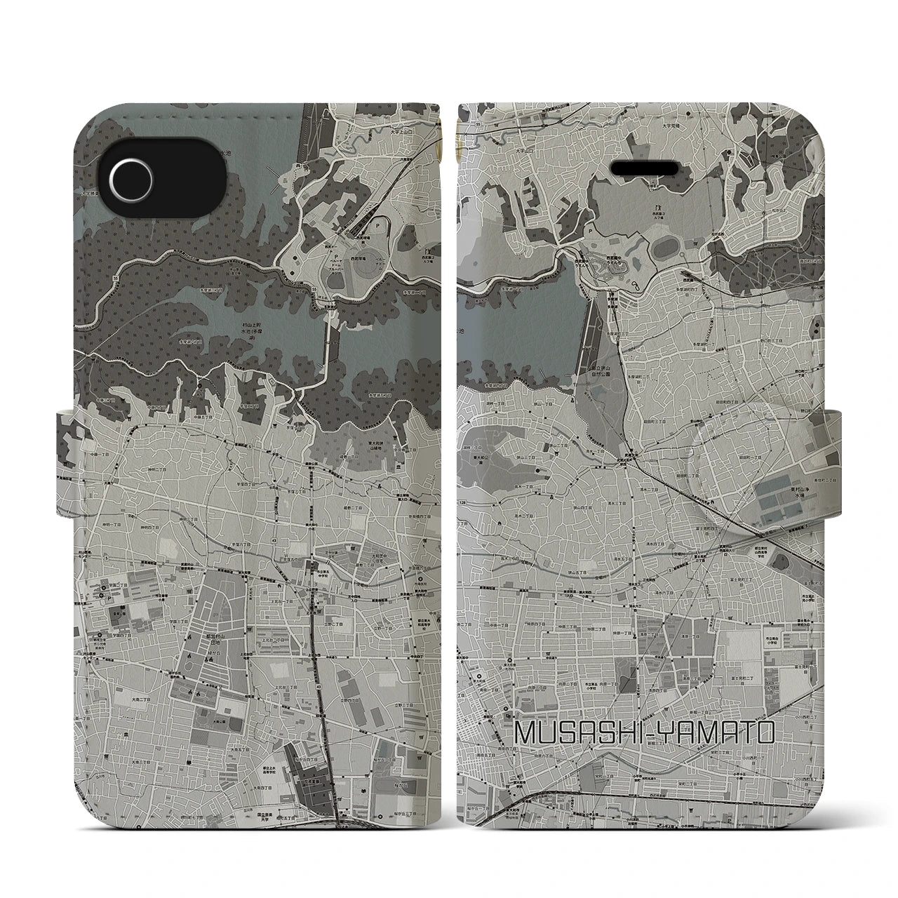 【武蔵大和(東京都)】地図柄iPhoneケース(手帳タイプ)モノトーン・iPhone SE(第3 / 第2世代) / 8 / 7 / 6s / 6 用