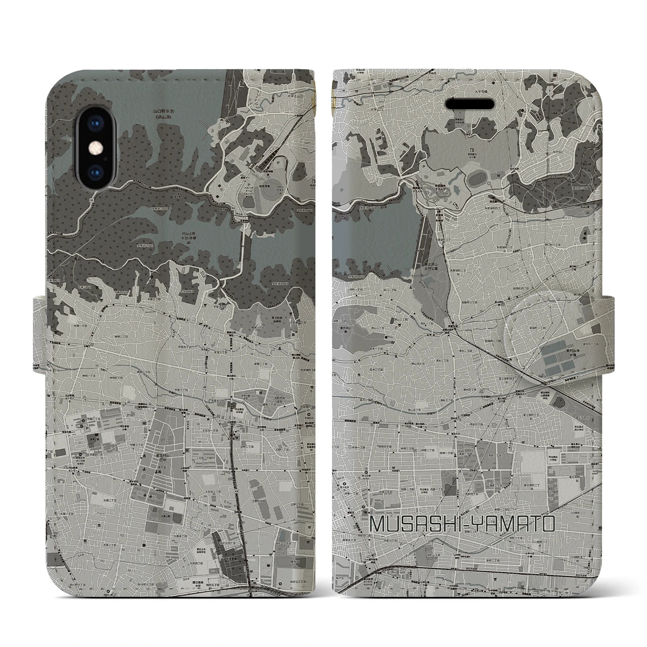 【武蔵大和(東京都)】地図柄iPhoneケース(手帳タイプ)モノトーン・iPhone XS / X 用