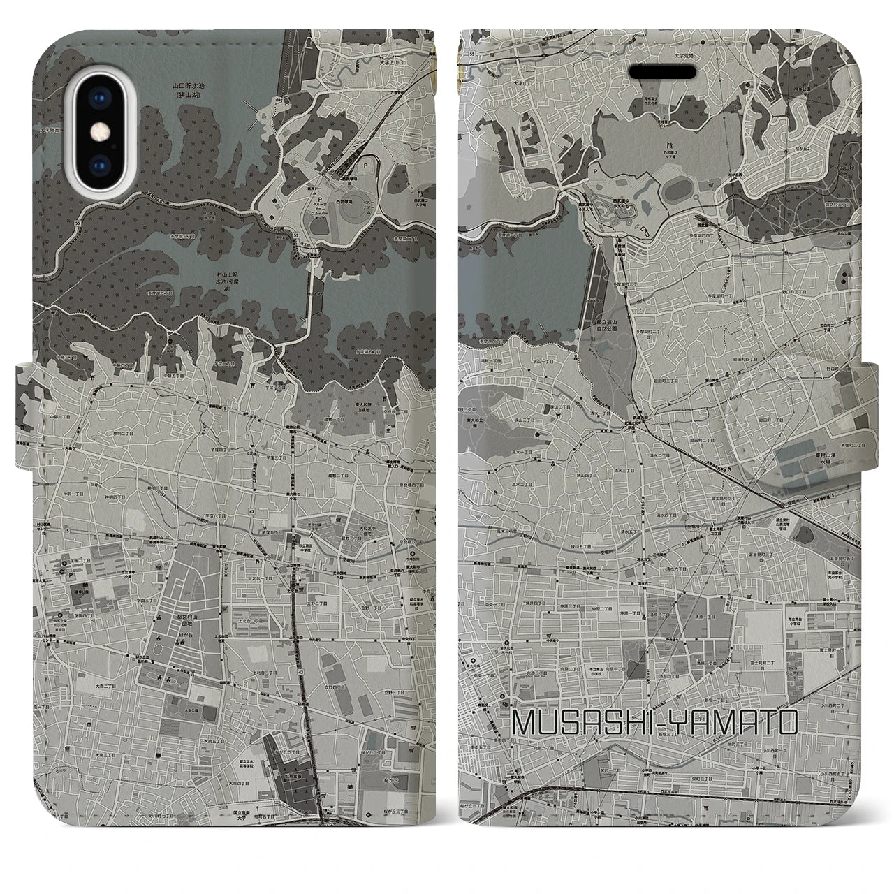 【武蔵大和(東京都)】地図柄iPhoneケース(手帳タイプ)モノトーン・iPhone XS Max 用