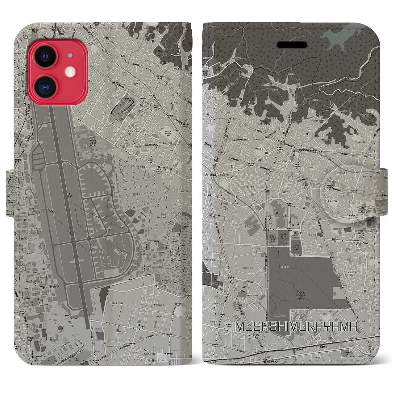 【武蔵村山(東京都)】地図柄iPhoneケース(手帳タイプ)モノトーン・iPhone 11 用