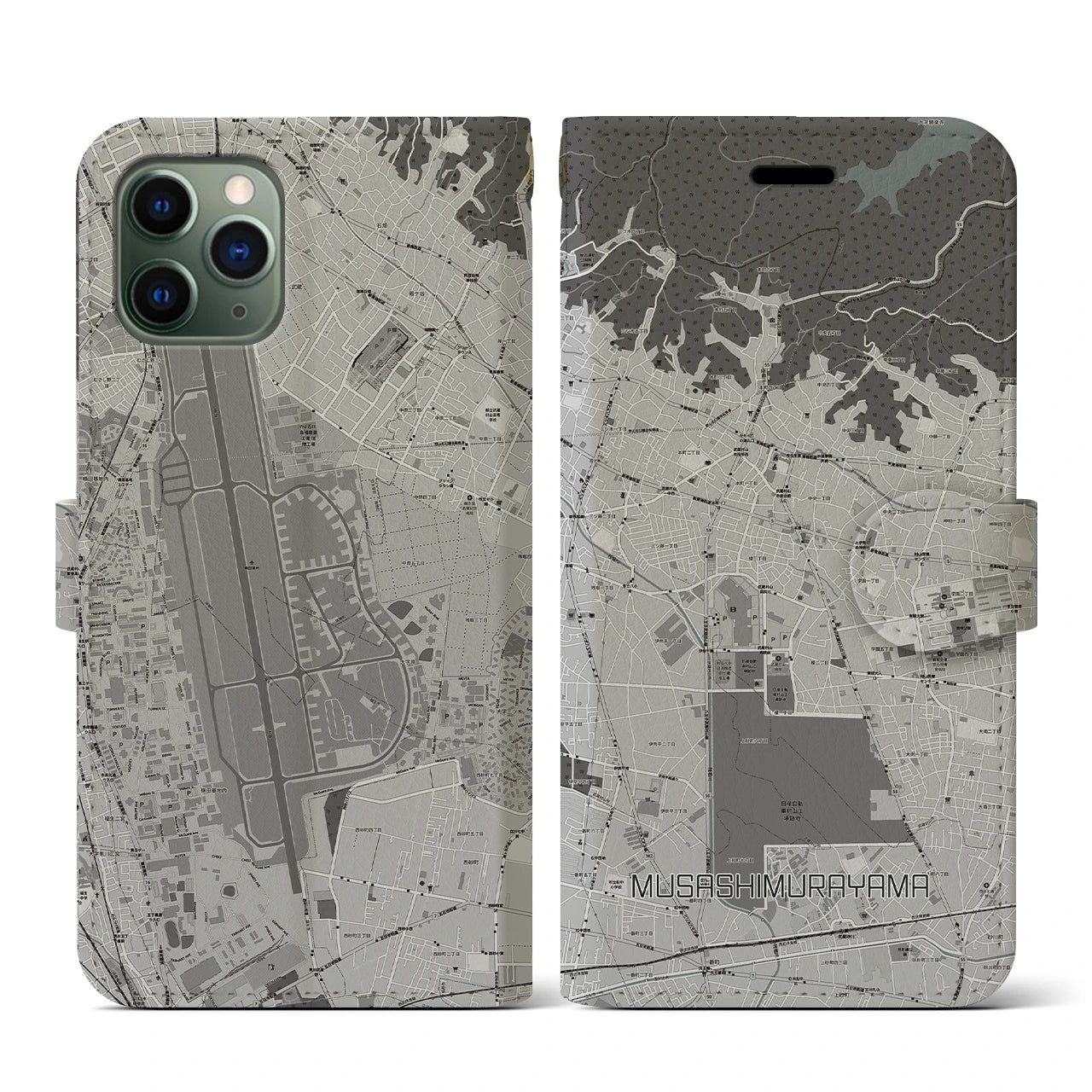【武蔵村山(東京都)】地図柄iPhoneケース(手帳タイプ)モノトーン・iPhone 11 Pro 用