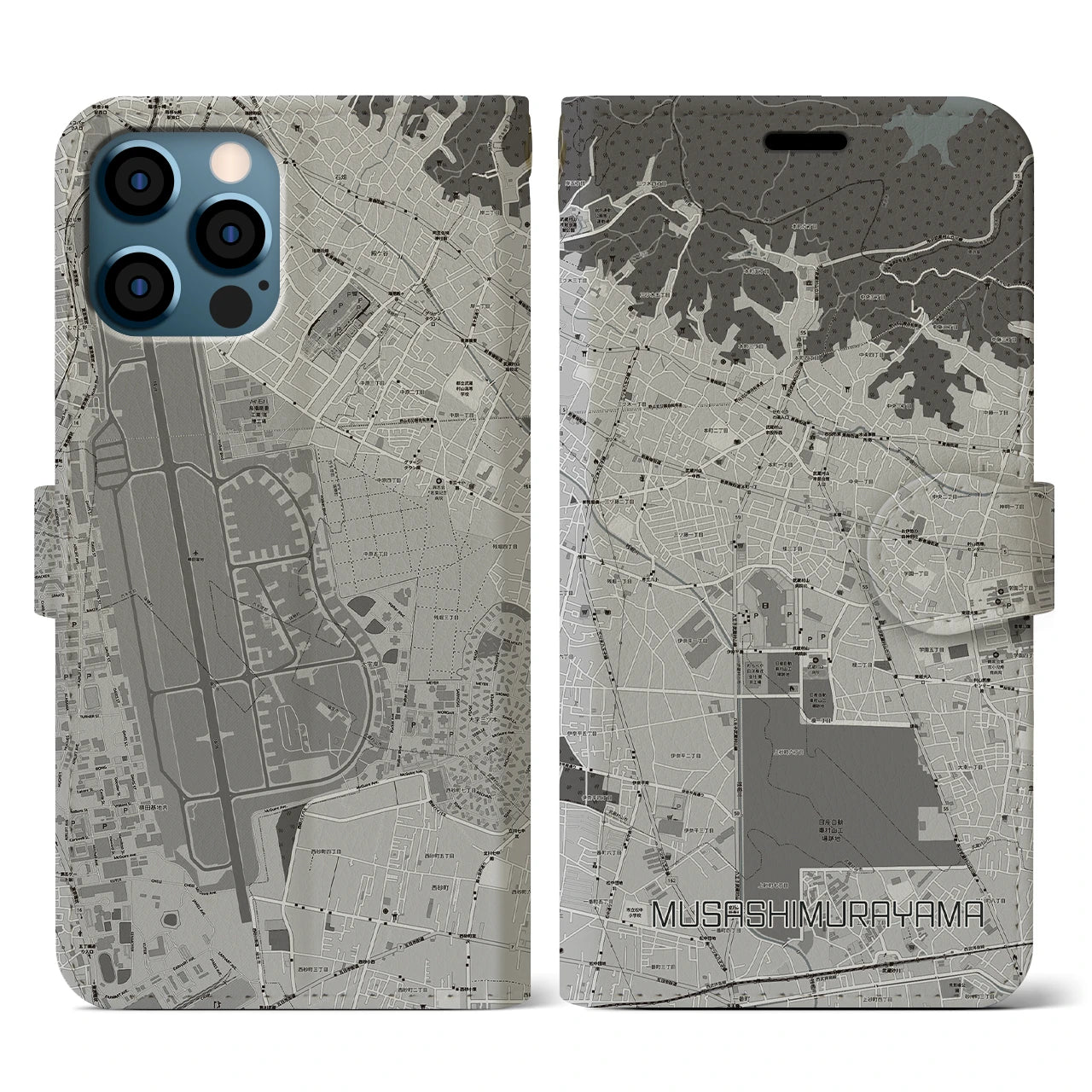 【武蔵村山(東京都)】地図柄iPhoneケース(手帳タイプ)モノトーン・iPhone 12 / 12 Pro 用