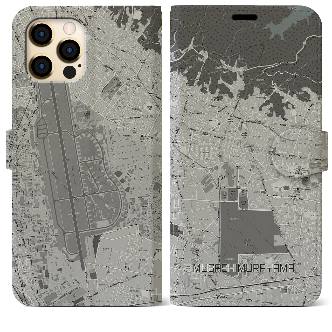 【武蔵村山(東京都)】地図柄iPhoneケース(手帳タイプ)モノトーン・iPhone 12 Pro Max 用