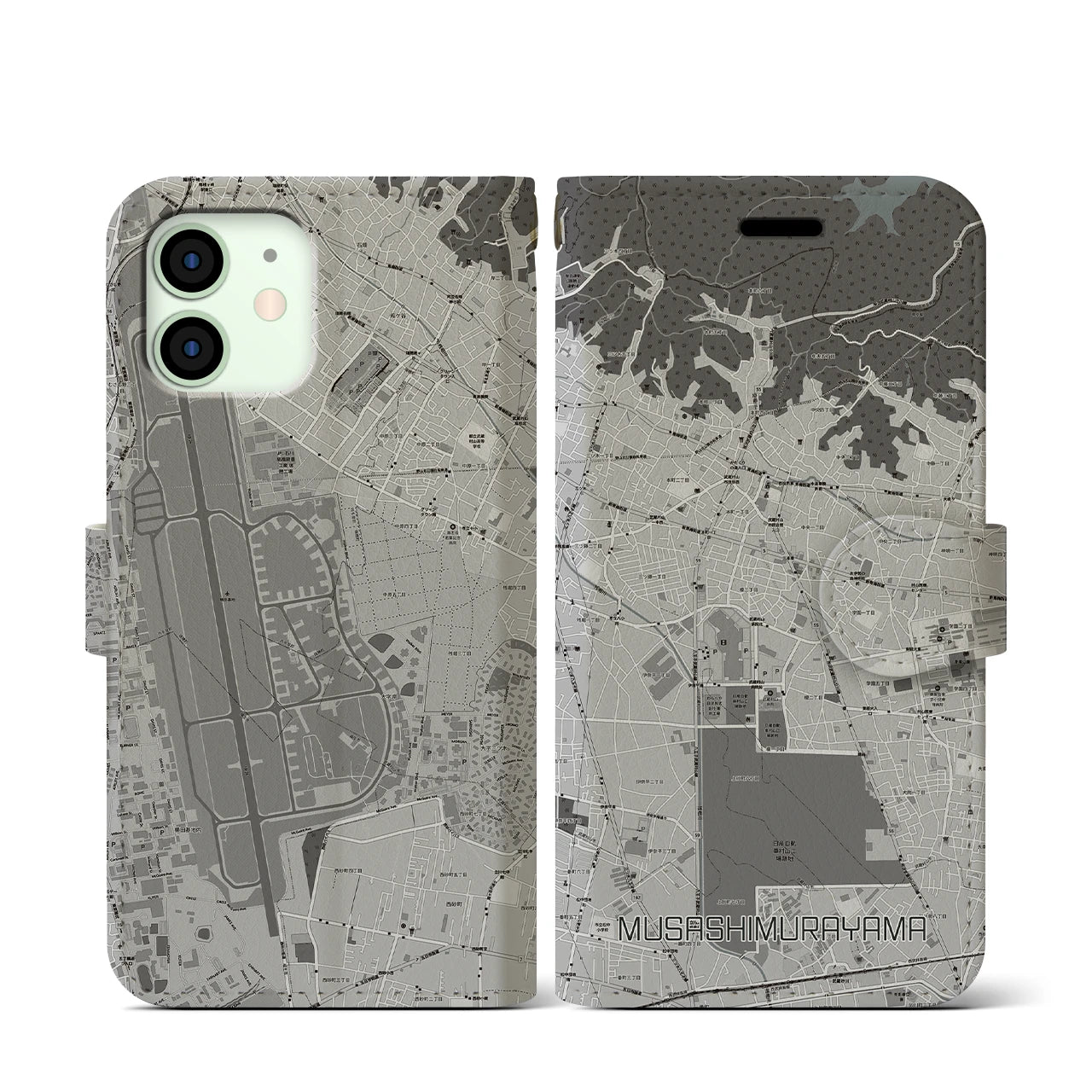 【武蔵村山(東京都)】地図柄iPhoneケース(手帳タイプ)モノトーン・iPhone 12 mini 用