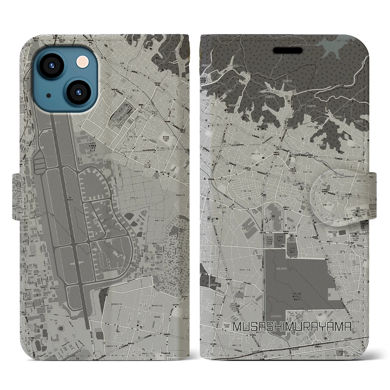 【武蔵村山(東京都)】地図柄iPhoneケース(手帳タイプ)モノトーン・iPhone 13 用