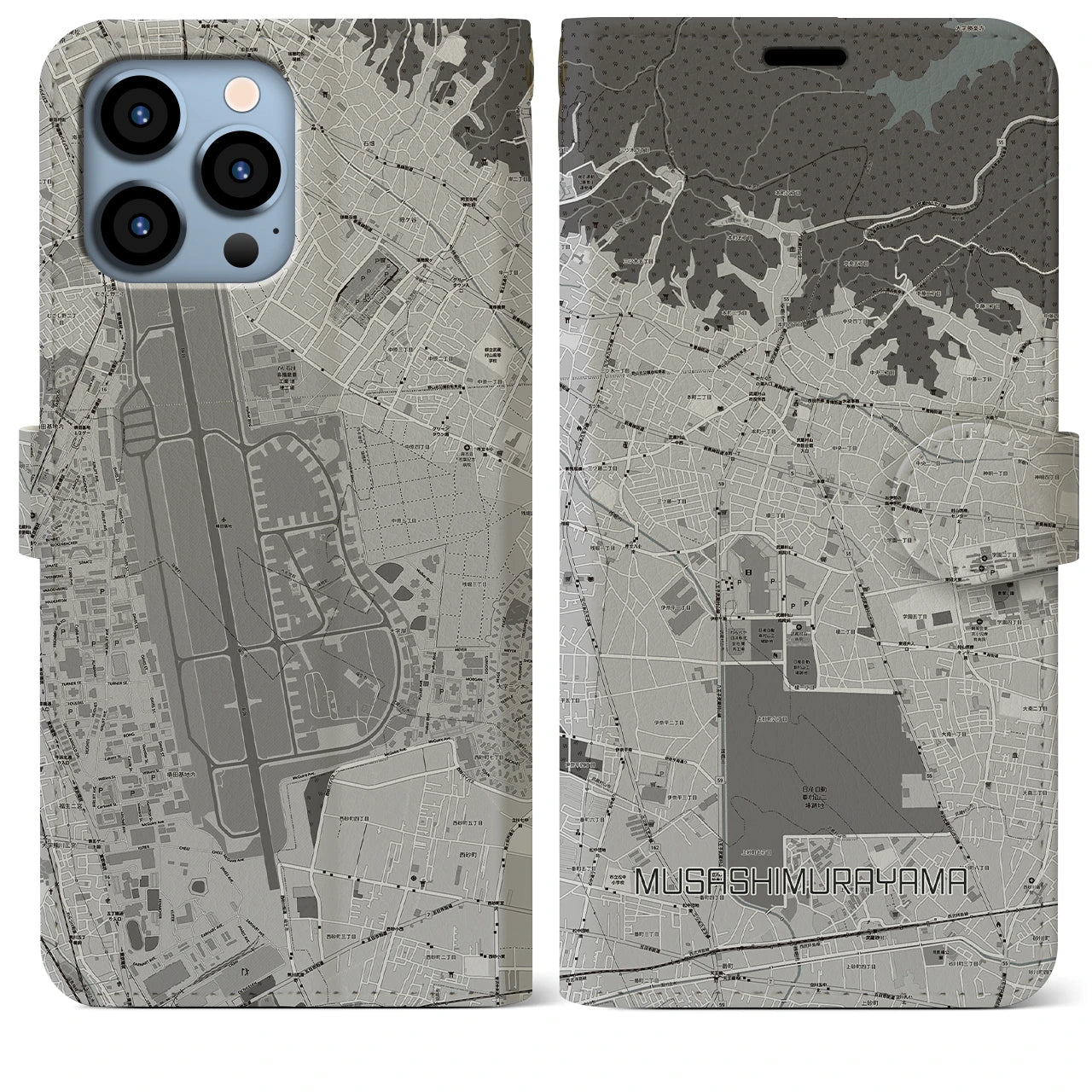 【武蔵村山(東京都)】地図柄iPhoneケース(手帳タイプ)モノトーン・iPhone 13 Pro Max 用