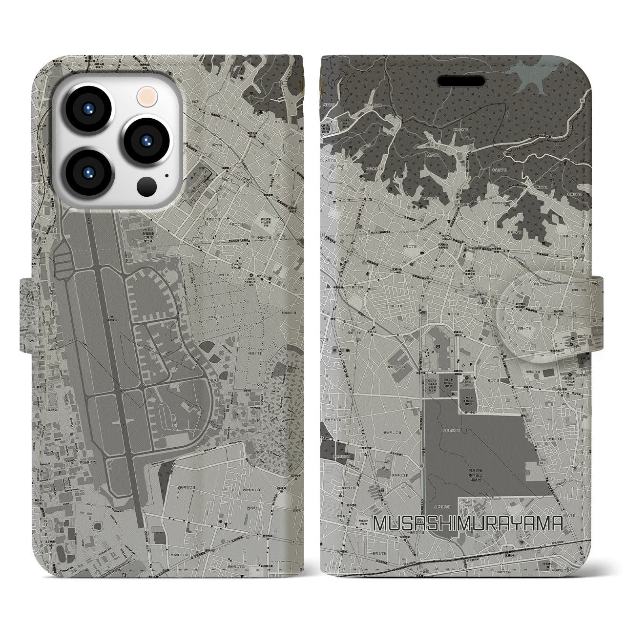 【武蔵村山(東京都)】地図柄iPhoneケース(手帳タイプ)モノトーン・iPhone 13 Pro 用