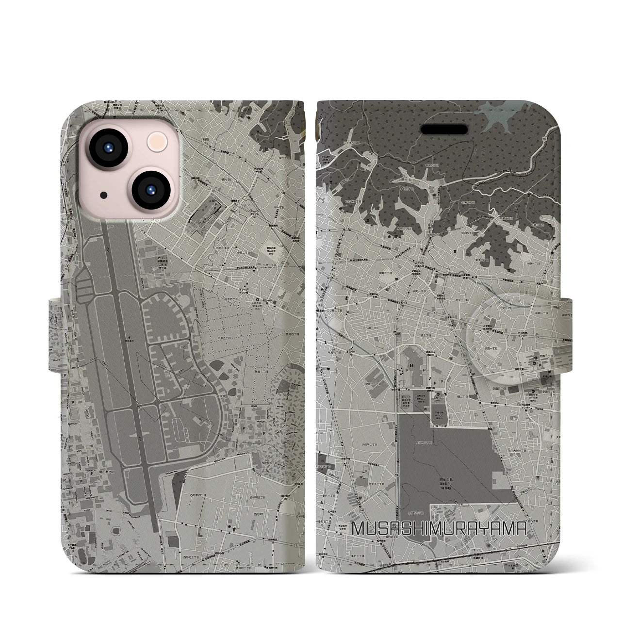 【武蔵村山(東京都)】地図柄iPhoneケース(手帳タイプ)モノトーン・iPhone 13 mini 用