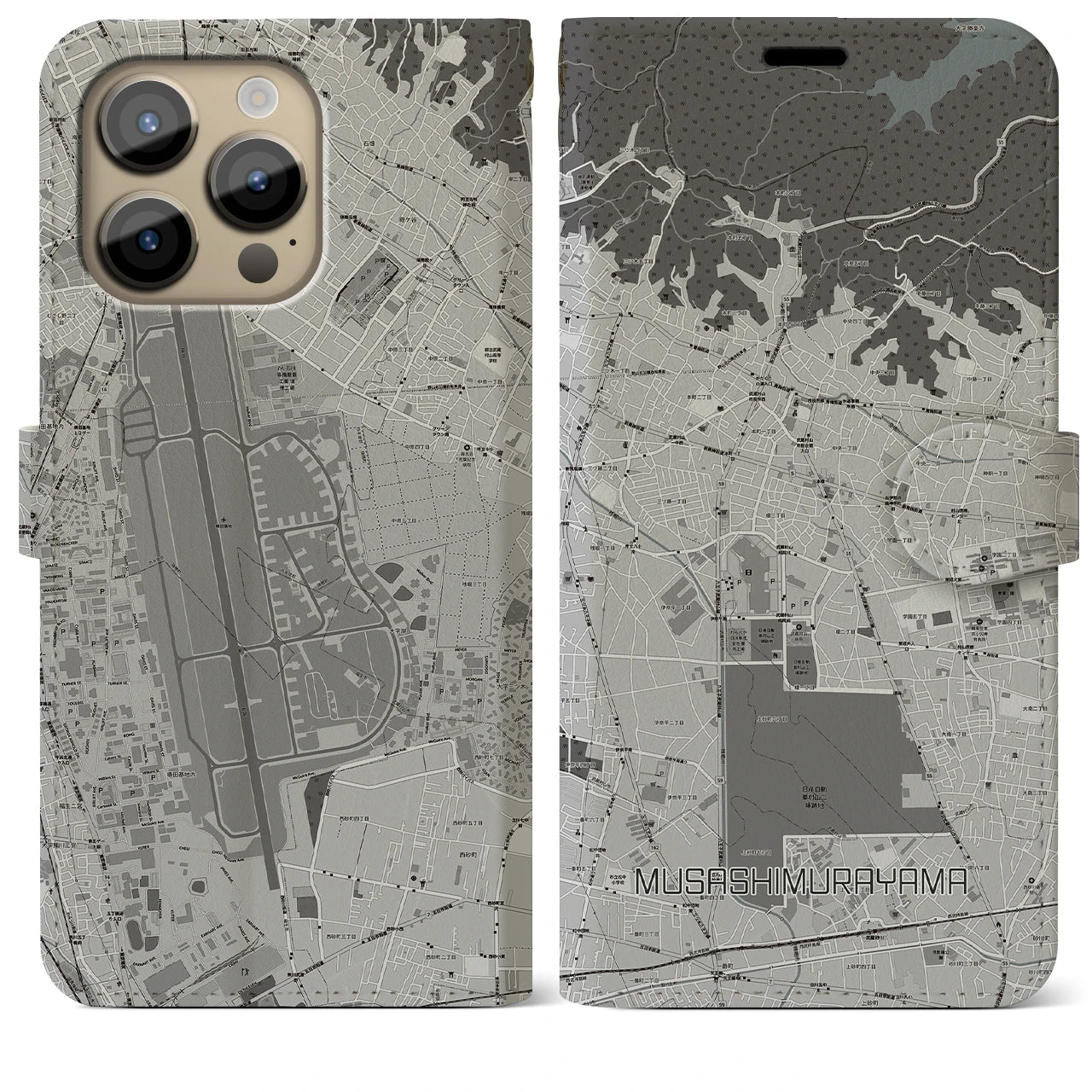 【武蔵村山(東京都)】地図柄iPhoneケース(手帳タイプ)モノトーン・iPhone 14 Pro Max 用