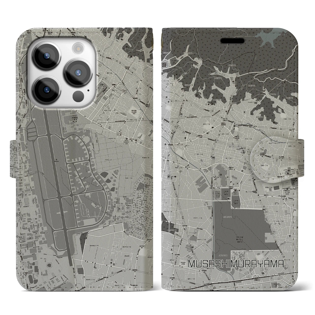 【武蔵村山(東京都)】地図柄iPhoneケース(手帳タイプ)モノトーン・iPhone 14 Pro 用
