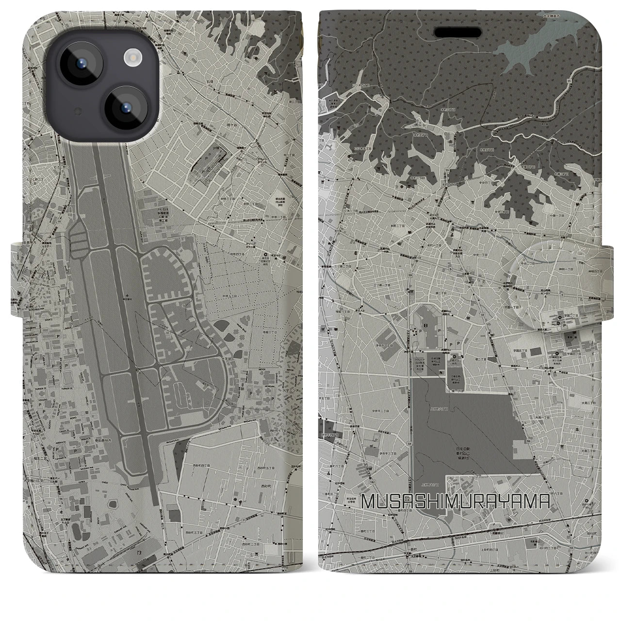 【武蔵村山(東京都)】地図柄iPhoneケース(手帳タイプ)モノトーン・iPhone 14 Plus 用