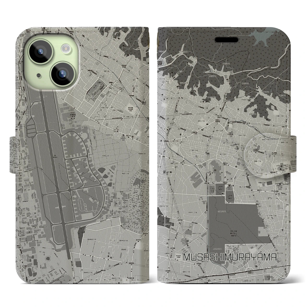 【武蔵村山(東京都)】地図柄iPhoneケース(手帳タイプ)モノトーン・iPhone 15 用