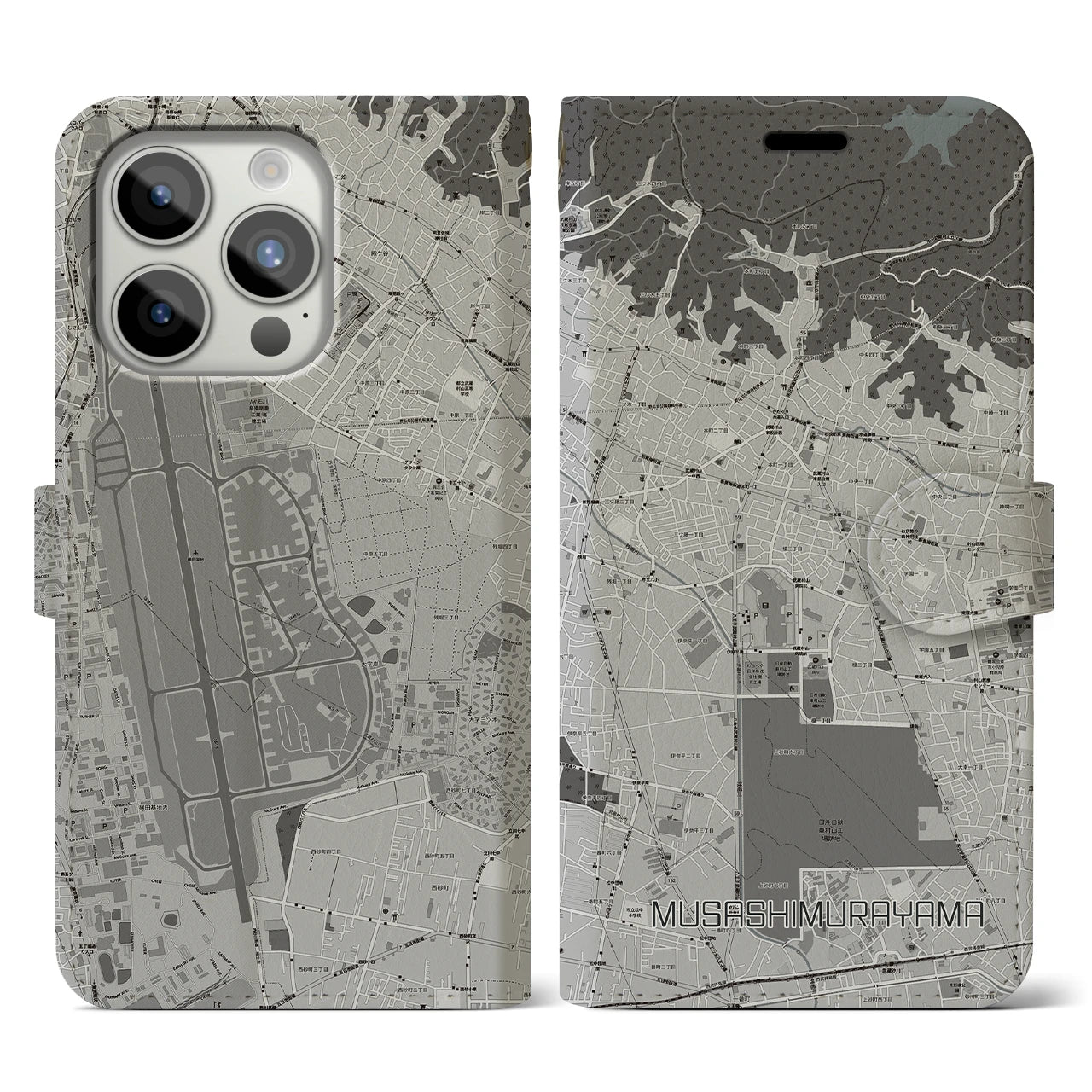 【武蔵村山(東京都)】地図柄iPhoneケース(手帳タイプ)モノトーン・iPhone 15 Pro 用