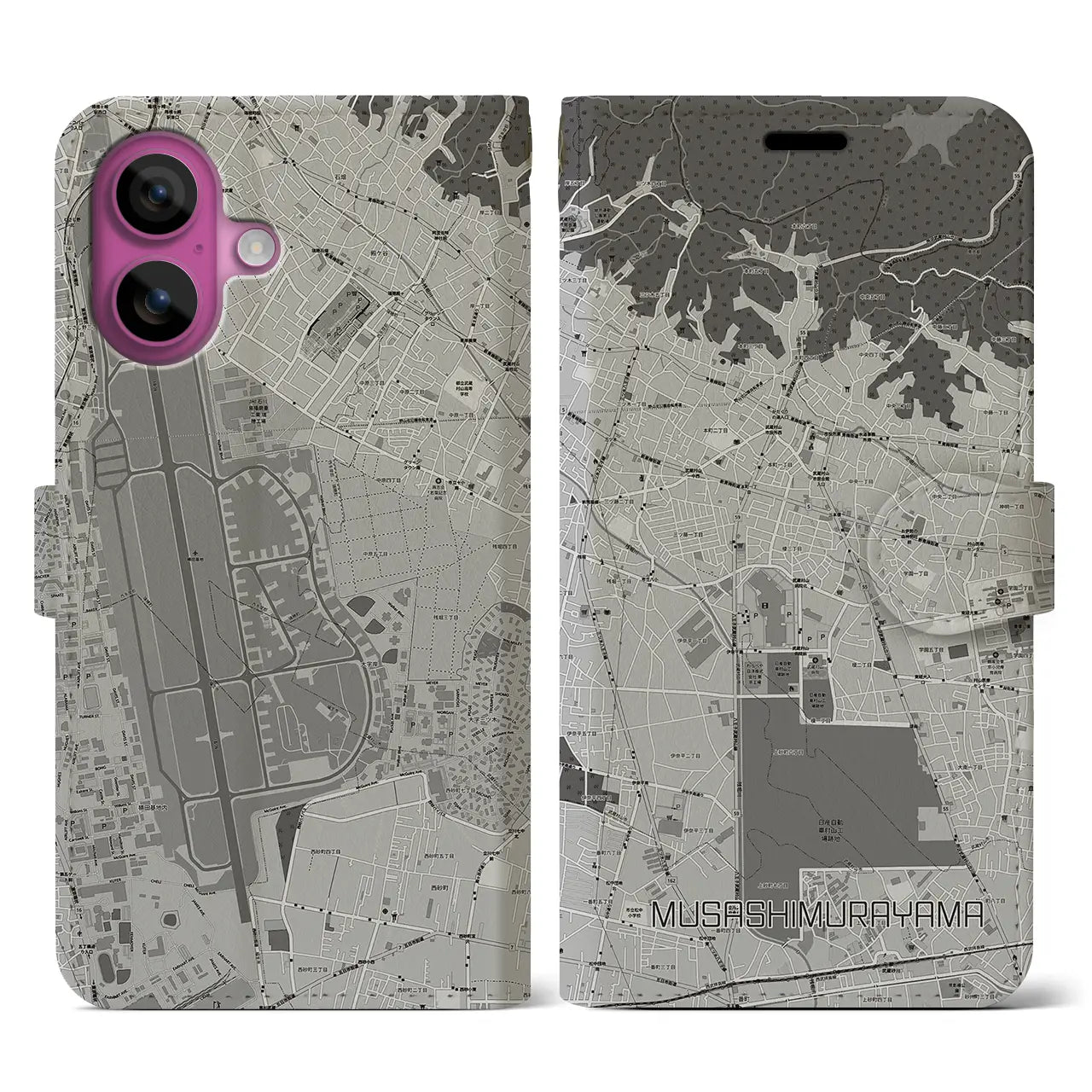 【武蔵村山(東京都)】地図柄iPhoneケース(手帳タイプ)モノトーン・iPhone 16 Pro 用