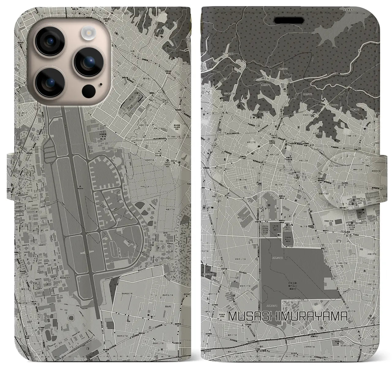 【武蔵村山(東京都)】地図柄iPhoneケース(手帳タイプ)モノトーン・iPhone 16 Plus 用