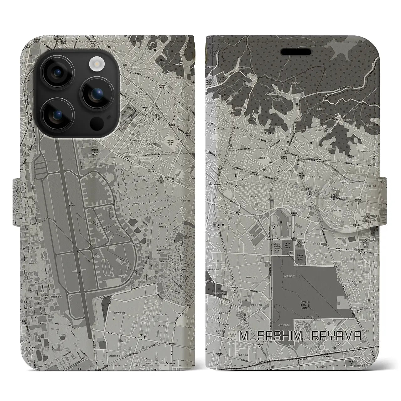 【武蔵村山(東京都)】地図柄iPhoneケース(手帳タイプ)モノトーン・iPhone 16 用