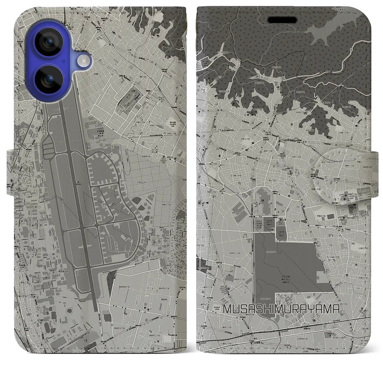 【武蔵村山(東京都)】地図柄iPhoneケース(手帳タイプ)モノトーン・iPhone 16 Pro Max 用