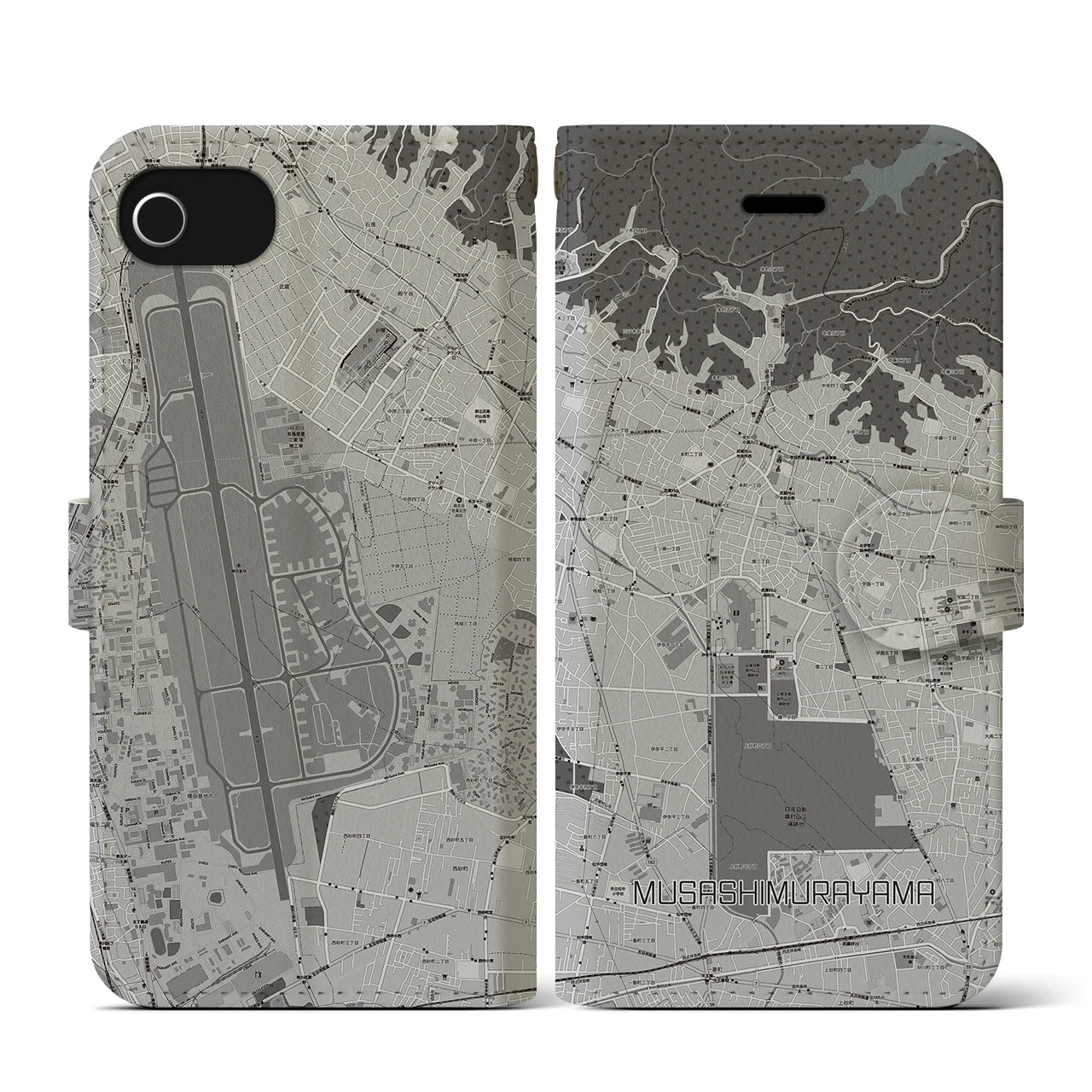 【武蔵村山(東京都)】地図柄iPhoneケース(手帳タイプ)モノトーン・iPhone SE(第3 / 第2世代) / 8 / 7 / 6s / 6 用