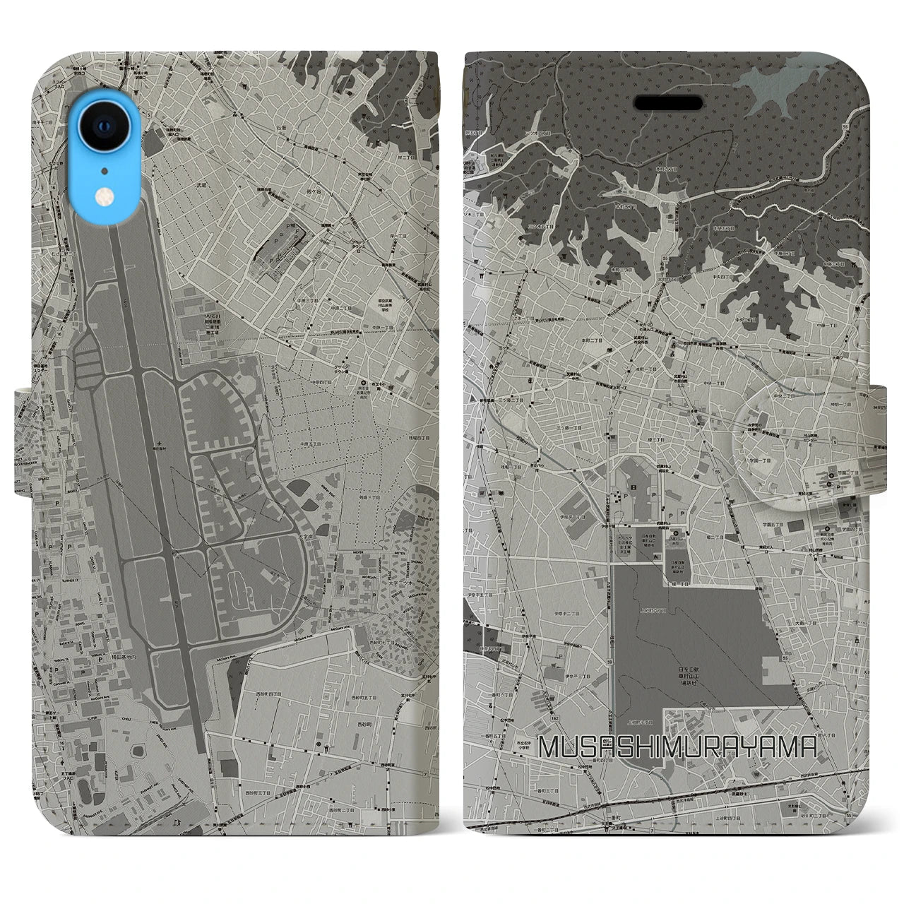 【武蔵村山(東京都)】地図柄iPhoneケース(手帳タイプ)モノトーン・iPhone XR 用