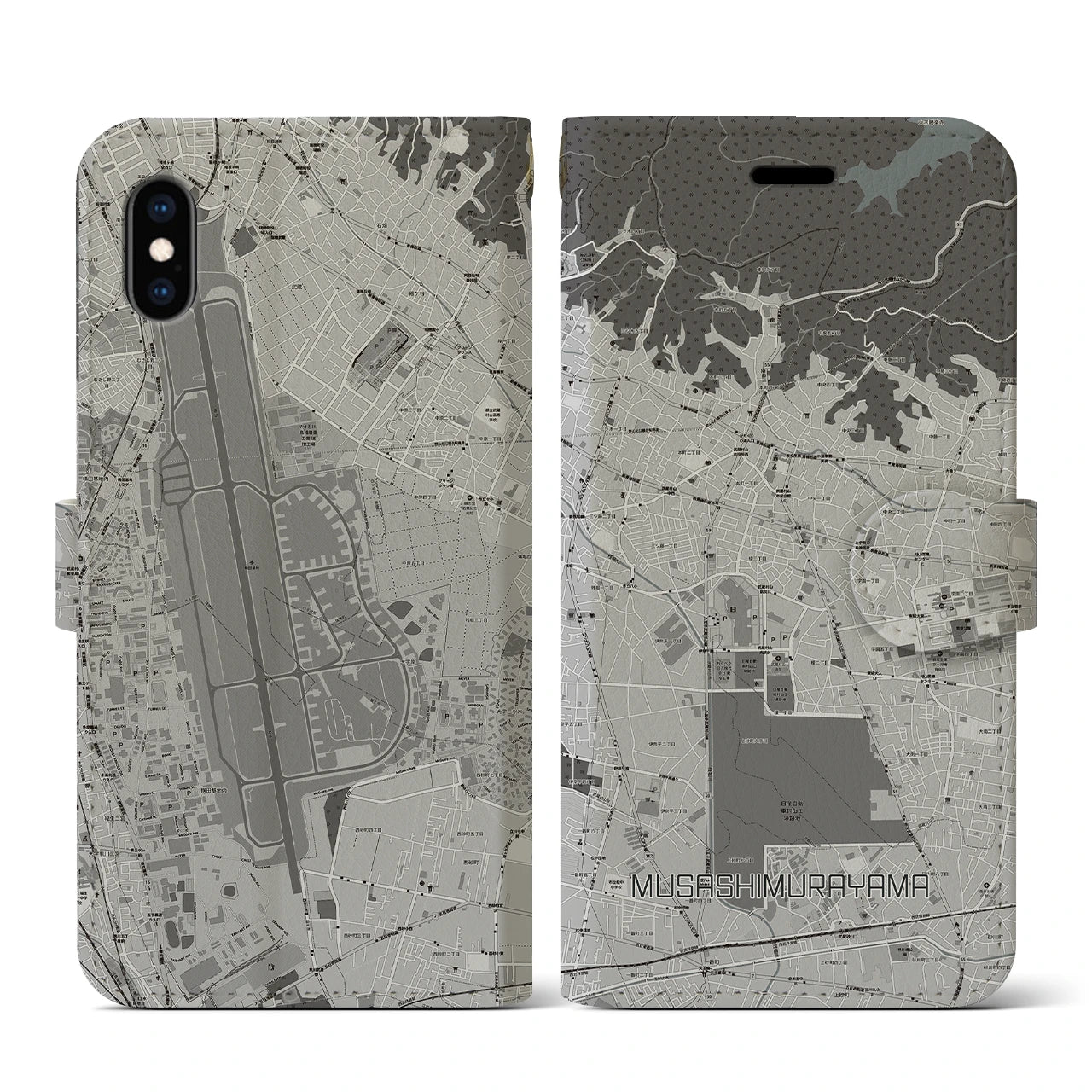 【武蔵村山(東京都)】地図柄iPhoneケース(手帳タイプ)モノトーン・iPhone XS / X 用