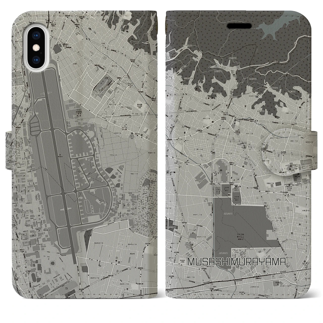 【武蔵村山(東京都)】地図柄iPhoneケース(手帳タイプ)モノトーン・iPhone XS Max 用