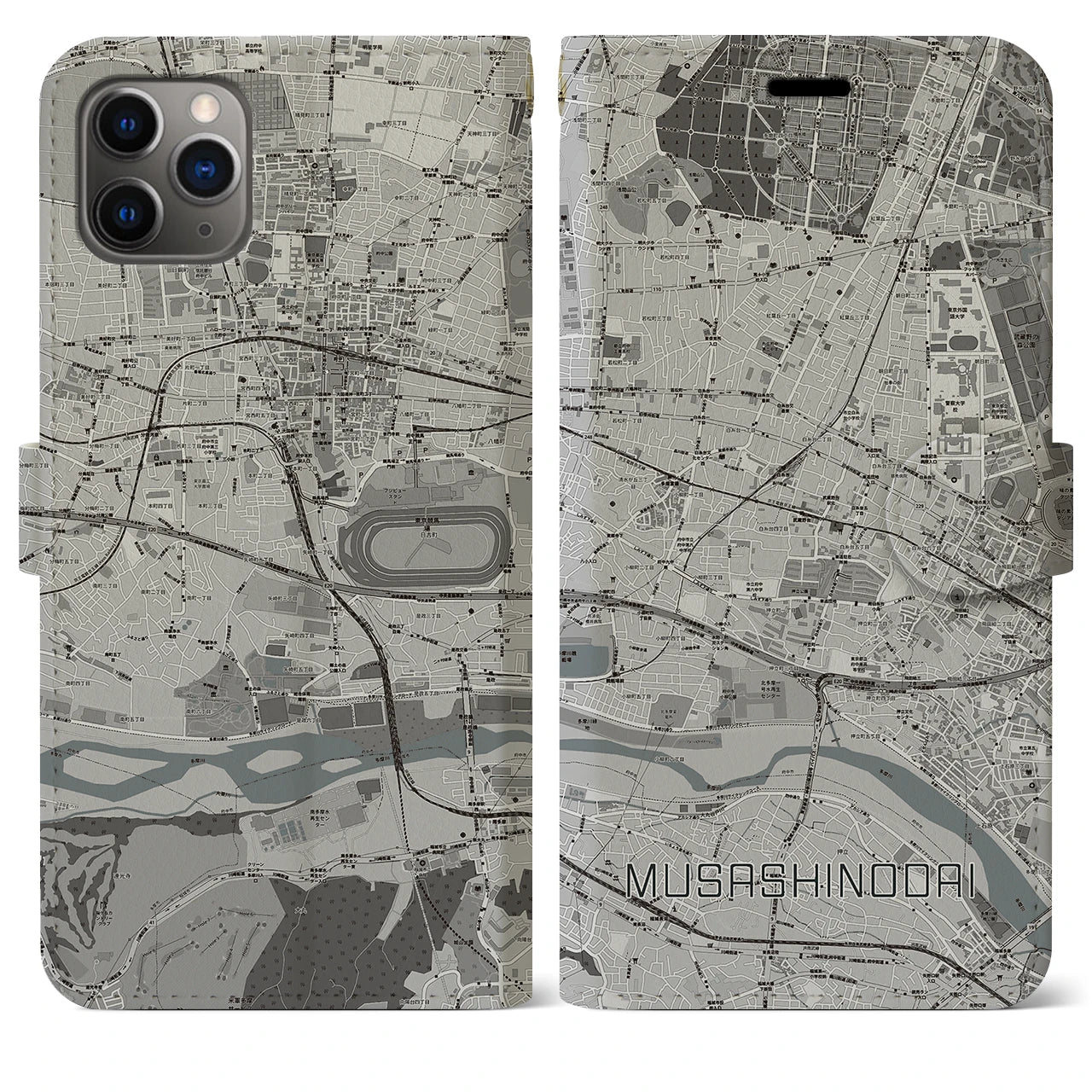 【武蔵野台(東京都)】地図柄iPhoneケース(手帳タイプ)モノトーン・iPhone 11 Pro Max 用