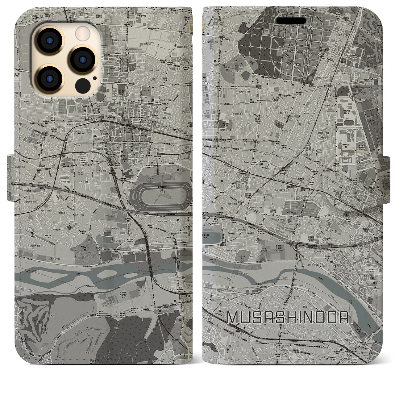 【武蔵野台(東京都)】地図柄iPhoneケース(手帳タイプ)モノトーン・iPhone 12 Pro Max 用