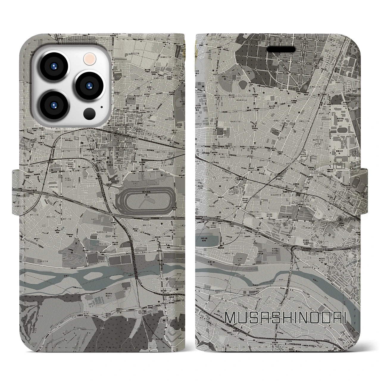 【武蔵野台(東京都)】地図柄iPhoneケース(手帳タイプ)モノトーン・iPhone 13 Pro 用