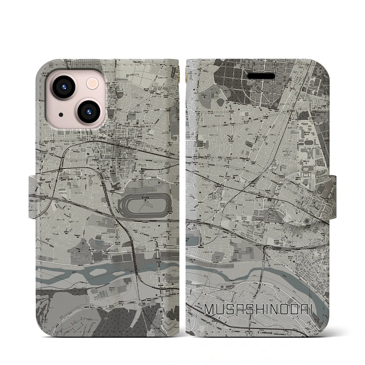 【武蔵野台(東京都)】地図柄iPhoneケース(手帳タイプ)モノトーン・iPhone 13 mini 用