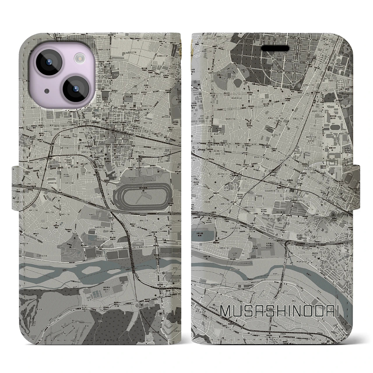 【武蔵野台(東京都)】地図柄iPhoneケース(手帳タイプ)モノトーン・iPhone 14 用