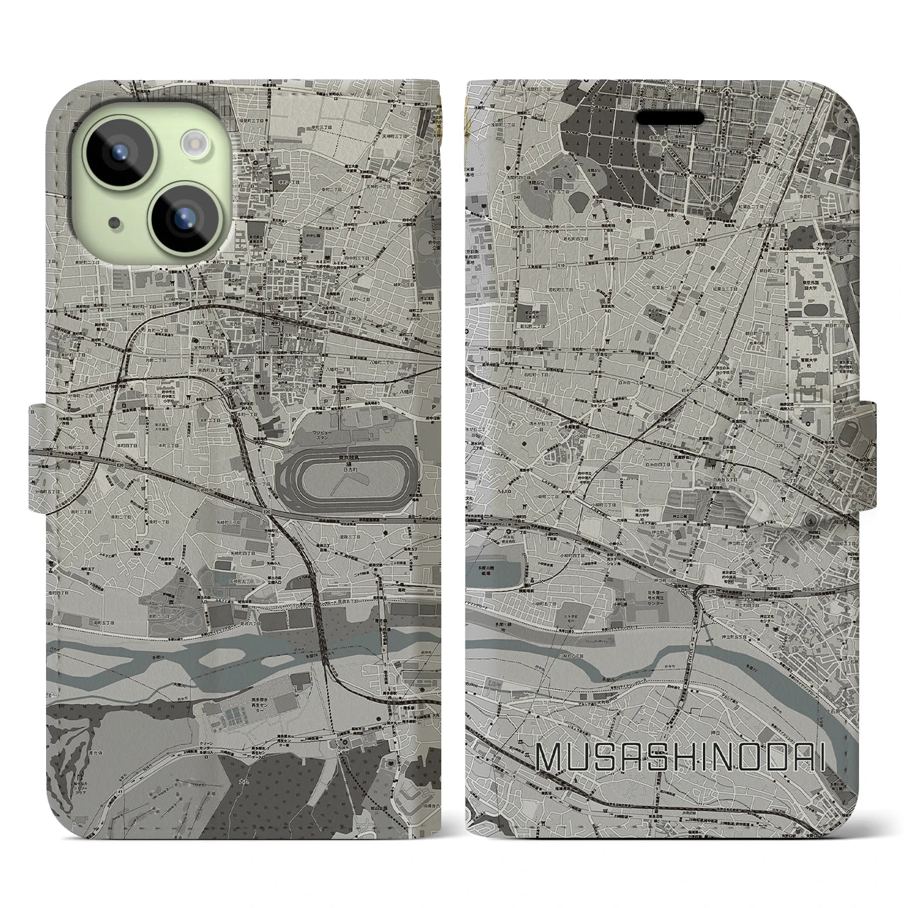 【武蔵野台(東京都)】地図柄iPhoneケース(手帳タイプ)モノトーン・iPhone 15 用