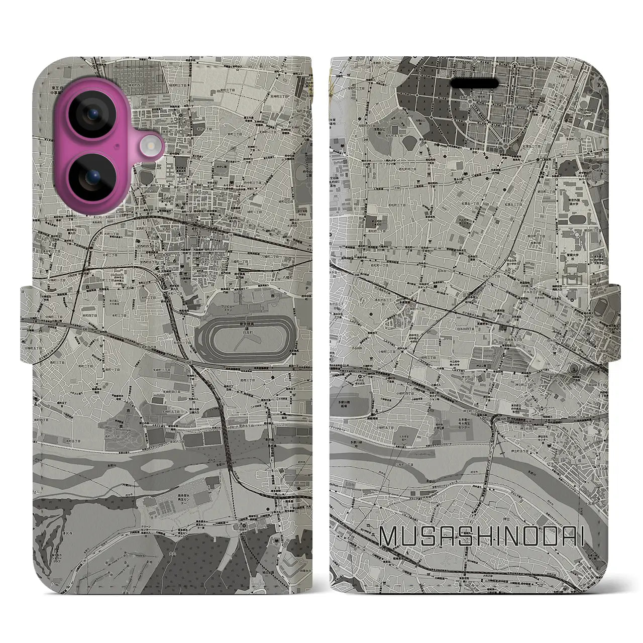 【武蔵野台(東京都)】地図柄iPhoneケース(手帳タイプ)モノトーン・iPhone 16 Pro 用