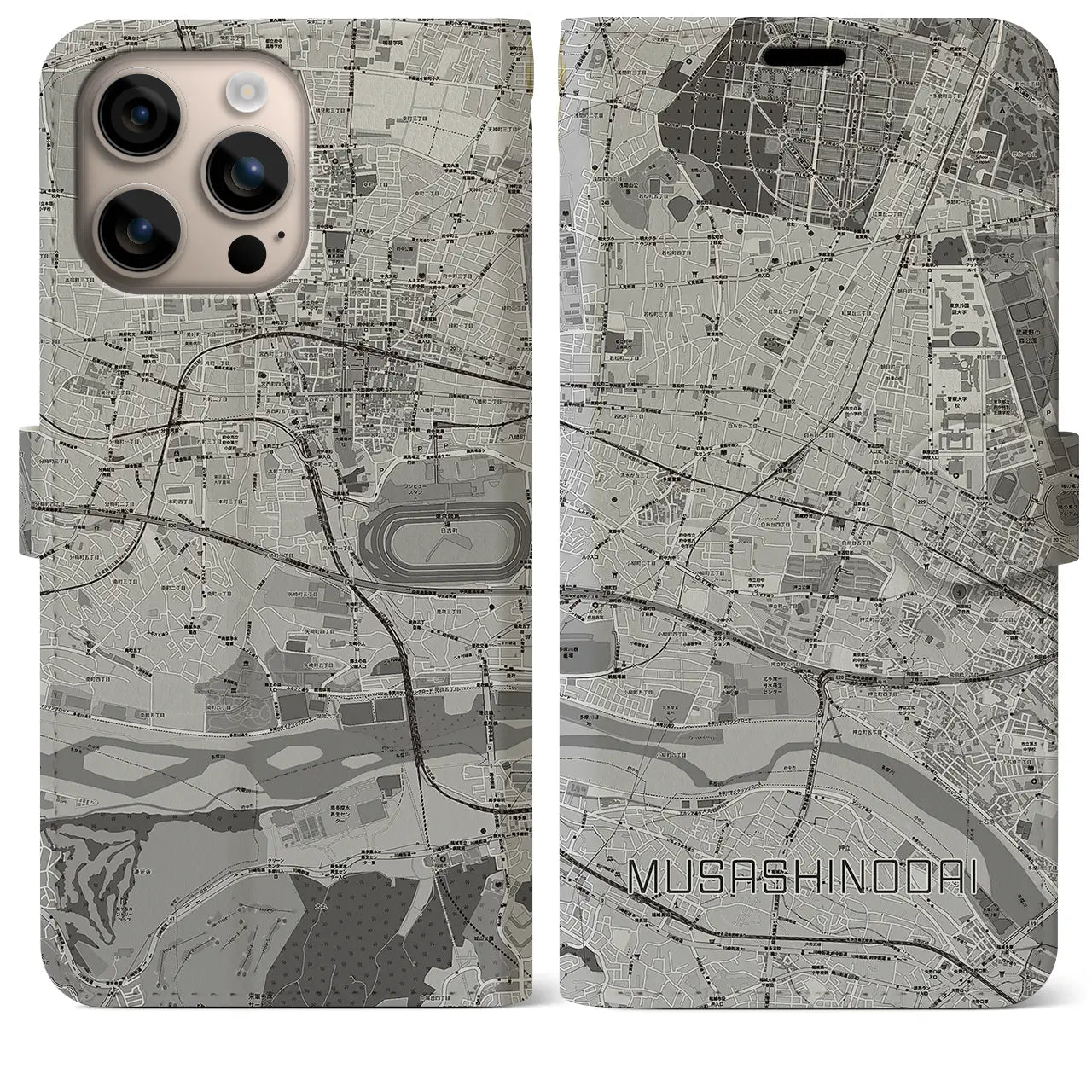 【武蔵野台(東京都)】地図柄iPhoneケース(手帳タイプ)モノトーン・iPhone 16 Plus 用