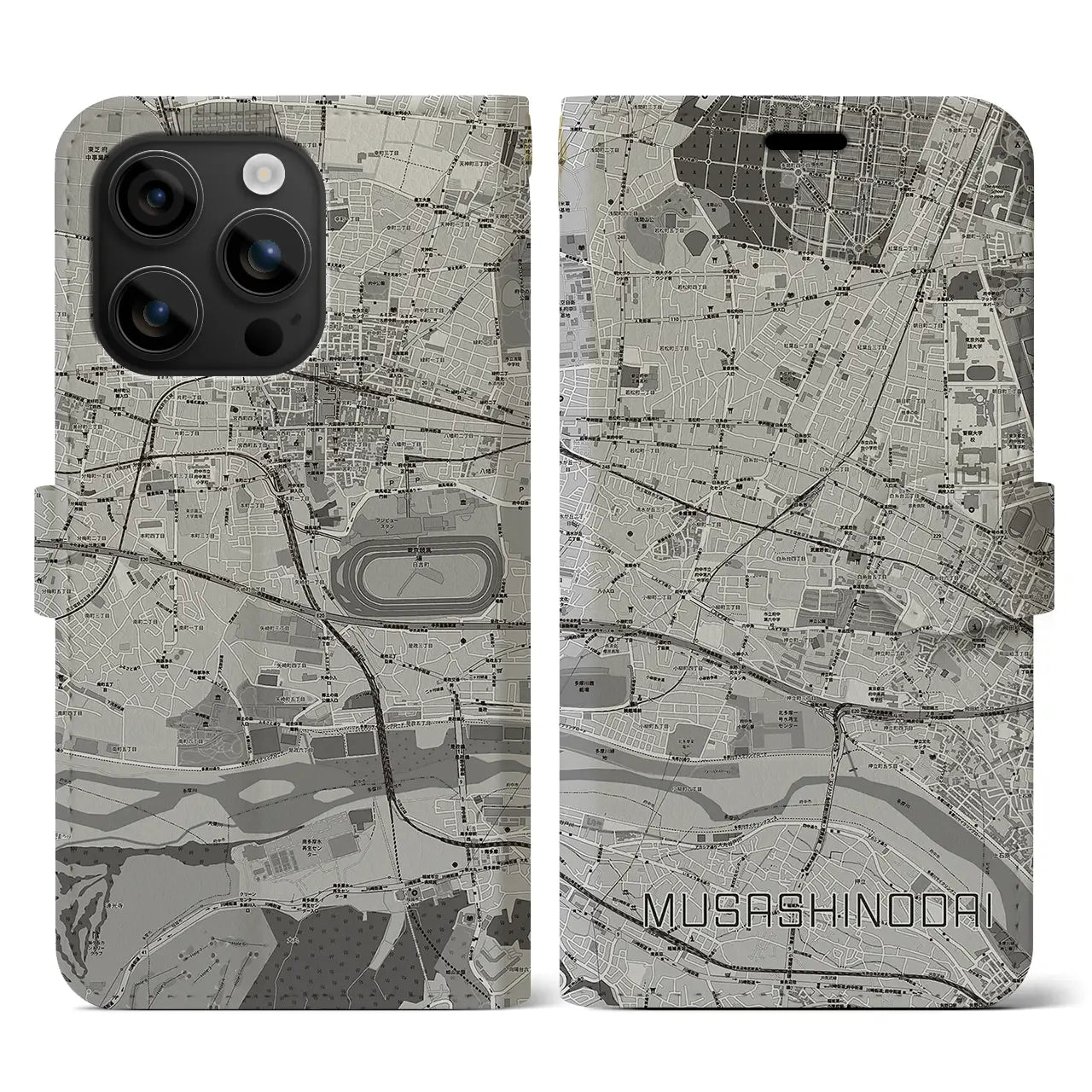 【武蔵野台(東京都)】地図柄iPhoneケース(手帳タイプ)モノトーン・iPhone 16 用