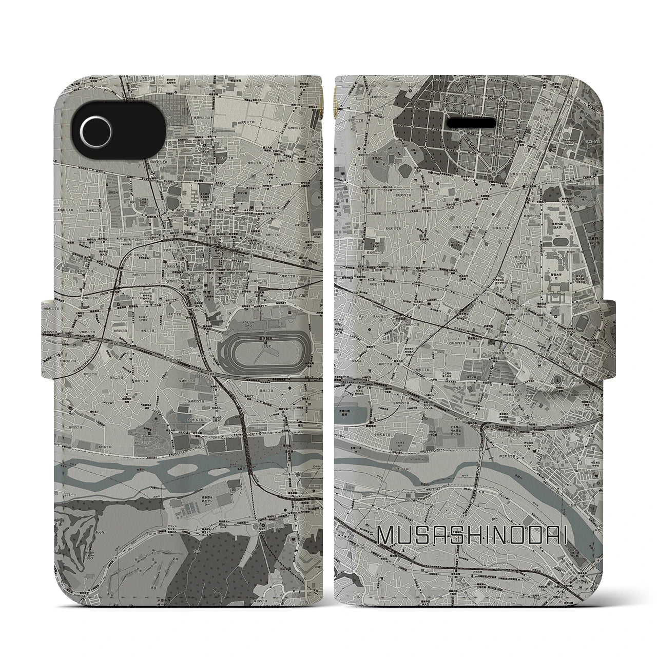 【武蔵野台(東京都)】地図柄iPhoneケース(手帳タイプ)モノトーン・iPhone SE(第3 / 第2世代) / 8 / 7 / 6s / 6 用