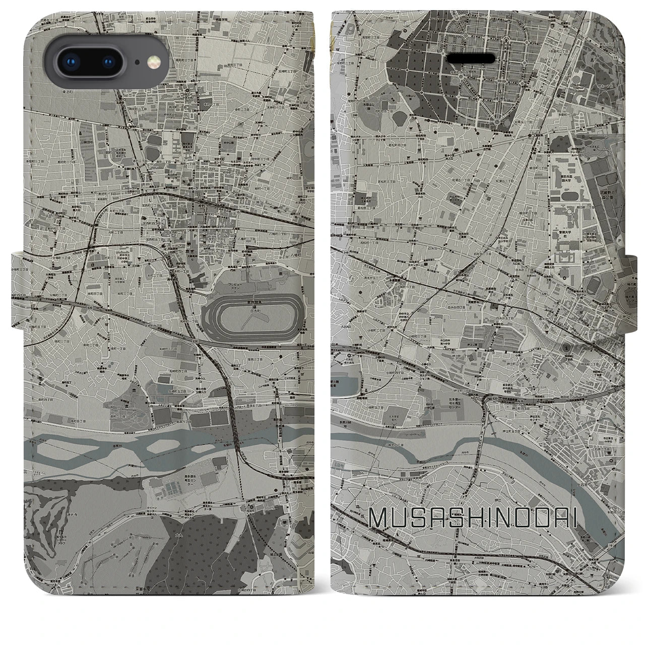 【武蔵野台(東京都)】地図柄iPhoneケース(手帳タイプ)モノトーン・iPhone 8Plus /7Plus / 6sPlus / 6Plus 用