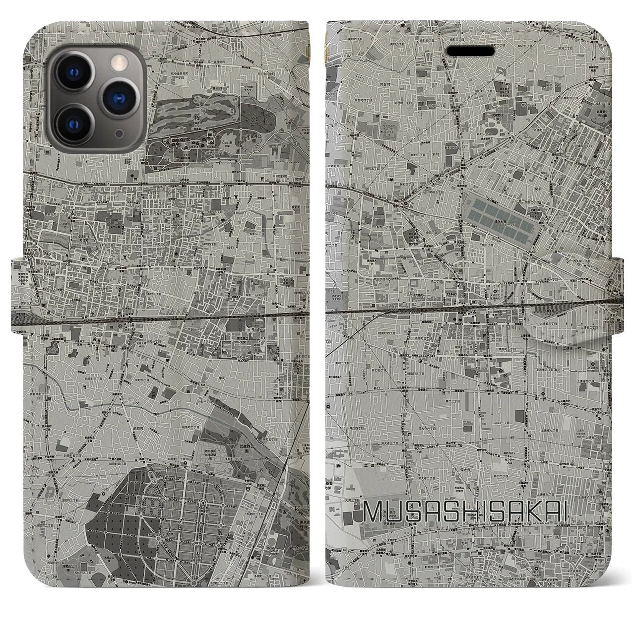 【武蔵境2(東京都)】地図柄iPhoneケース(手帳タイプ)モノトーン・iPhone 11 Pro Max 用