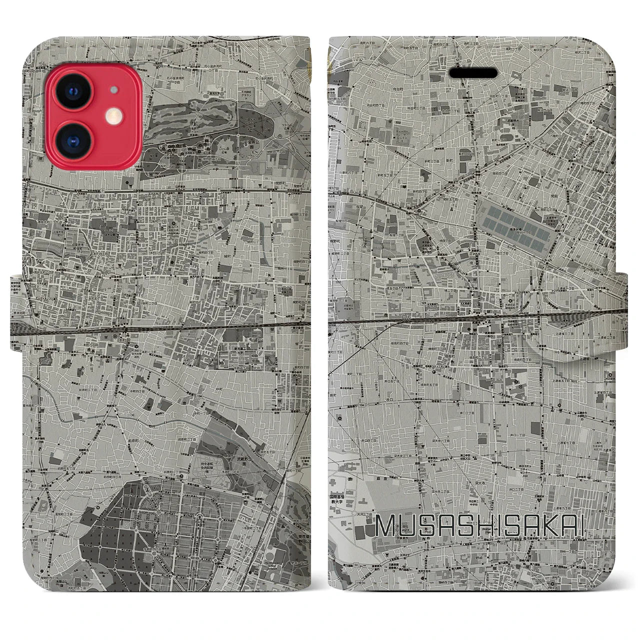 【武蔵境2(東京都)】地図柄iPhoneケース(手帳タイプ)モノトーン・iPhone 11 用
