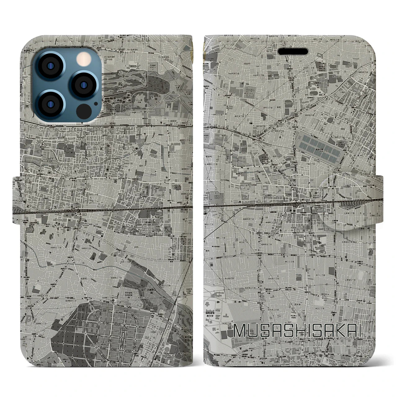 【武蔵境2(東京都)】地図柄iPhoneケース(手帳タイプ)モノトーン・iPhone 12 / 12 Pro 用